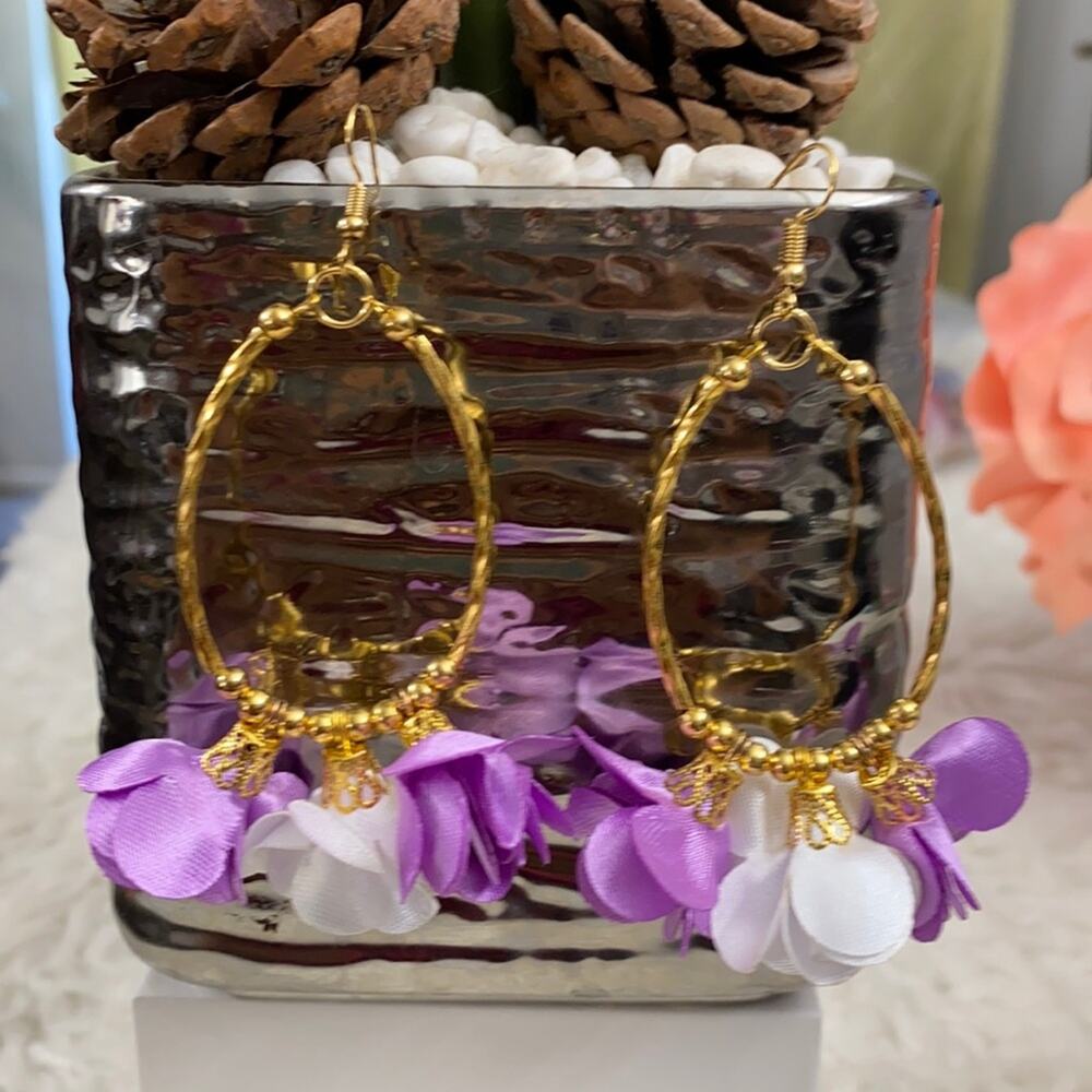 Oro Laminado 3" Purple Oval Bohemian Wire Handmade Earrings Festive boho Jewelry